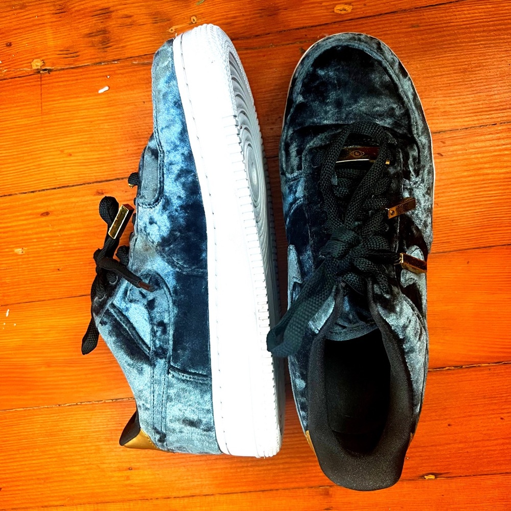 Nike Green Velvet Air Force Ones with gold detailing